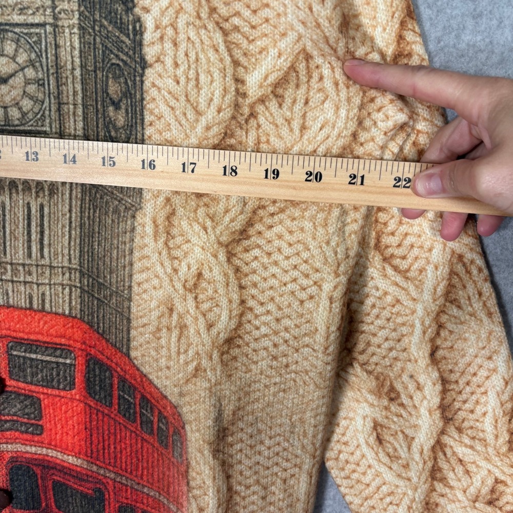 London Cardigan Sweater Large Tan Big Ben Red Bus Cable Knit Westminster Print - Picture 5 of 9
